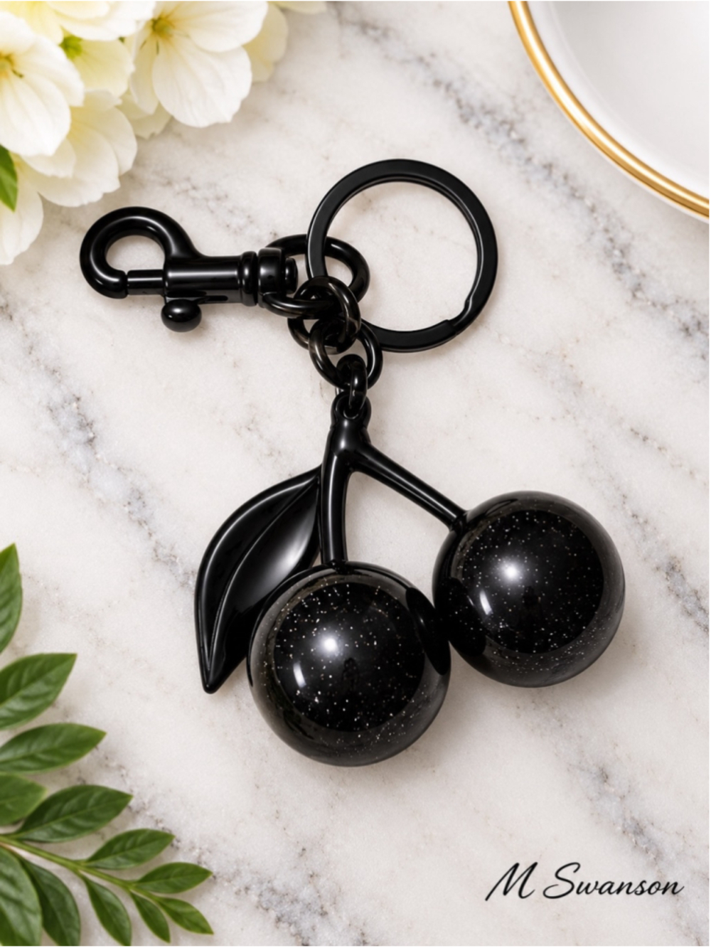 NEW Black Cherry Charm Keychain with Black Hardware NWT